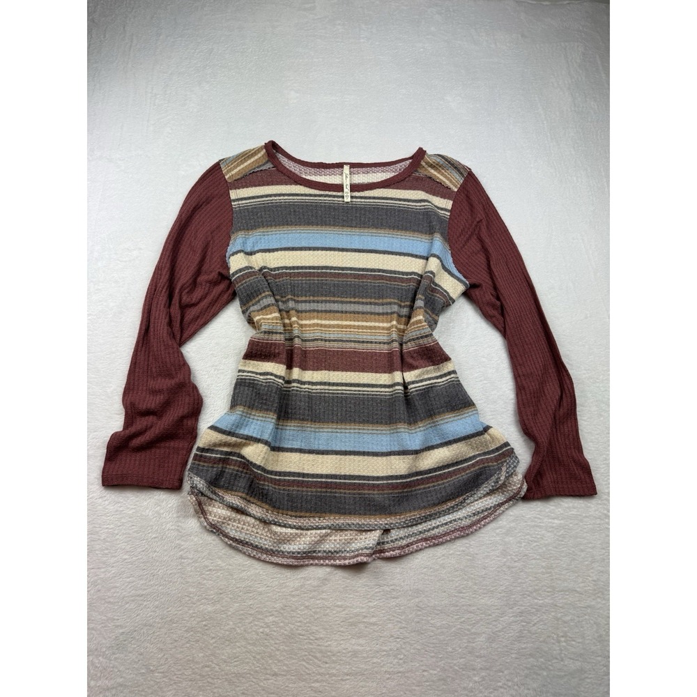 Waffle Knit Thermal Top Mixed Print High-Low Boho Rust Orange 1X XL Fall Warm